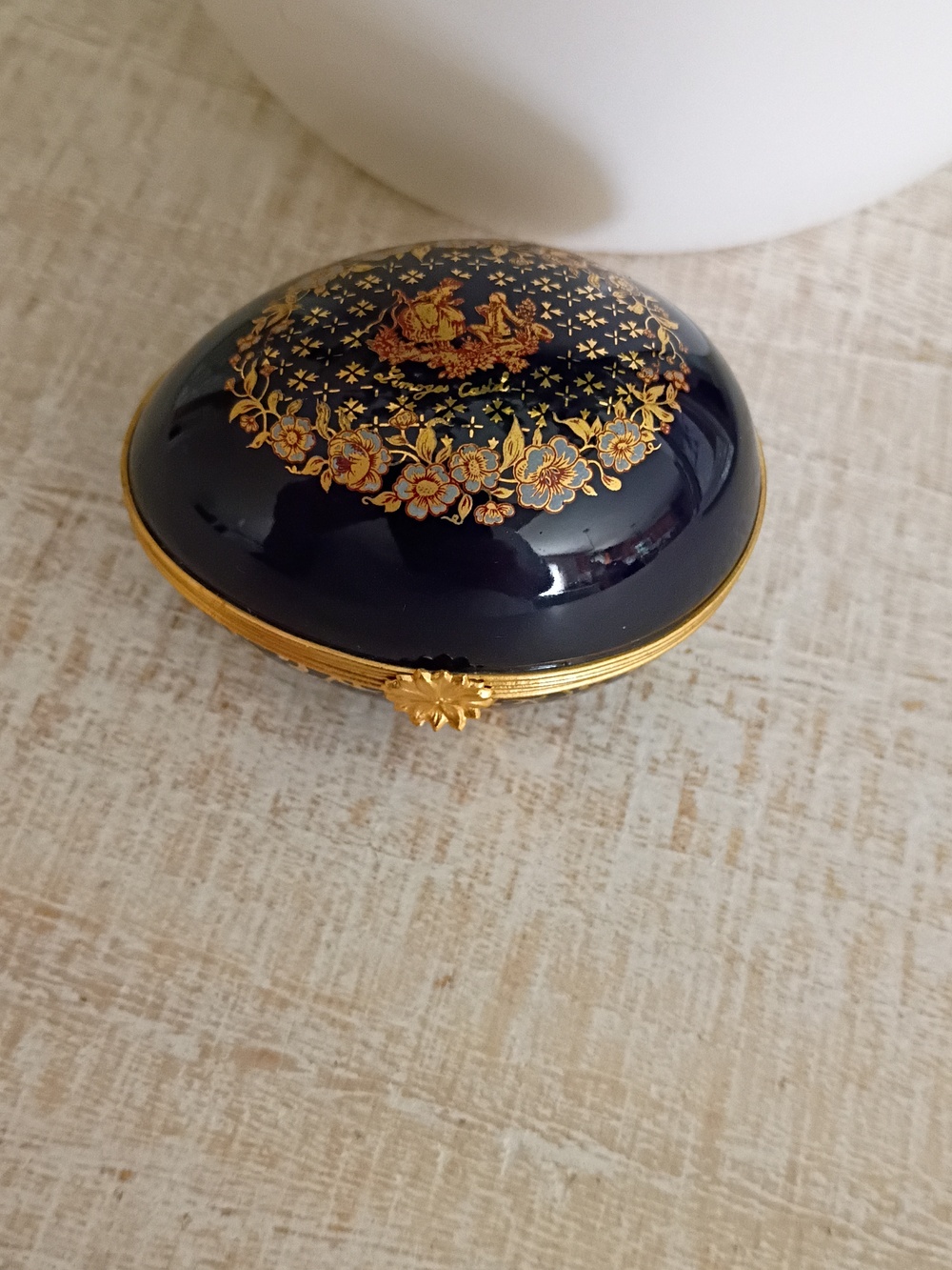 Limoges Castel France Porcelain Egg Trinket Box Colbalt Blue 22K Gilt Floral